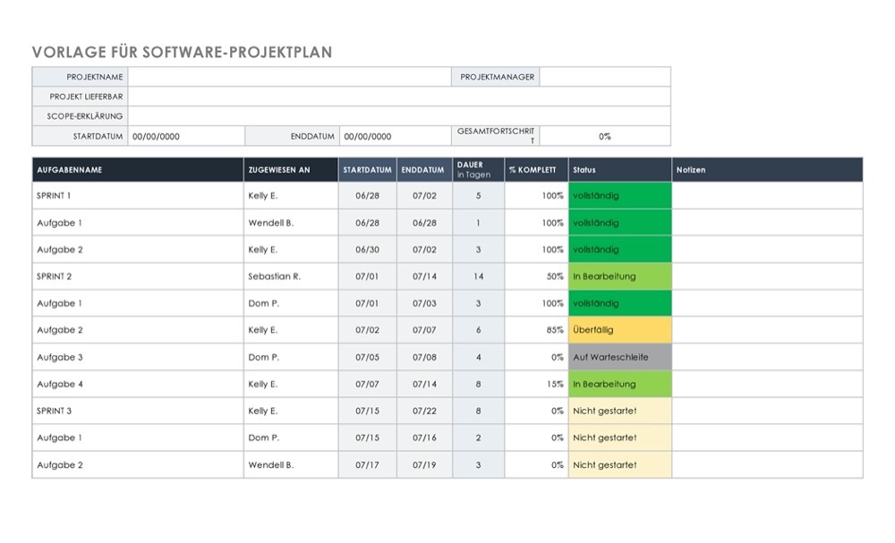 Kostenlose Vorlagen für einen Projektplan für Word Smartsheet