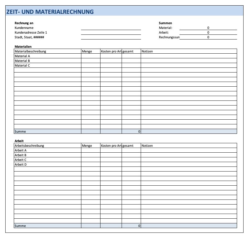 Time and Materials Invoice German