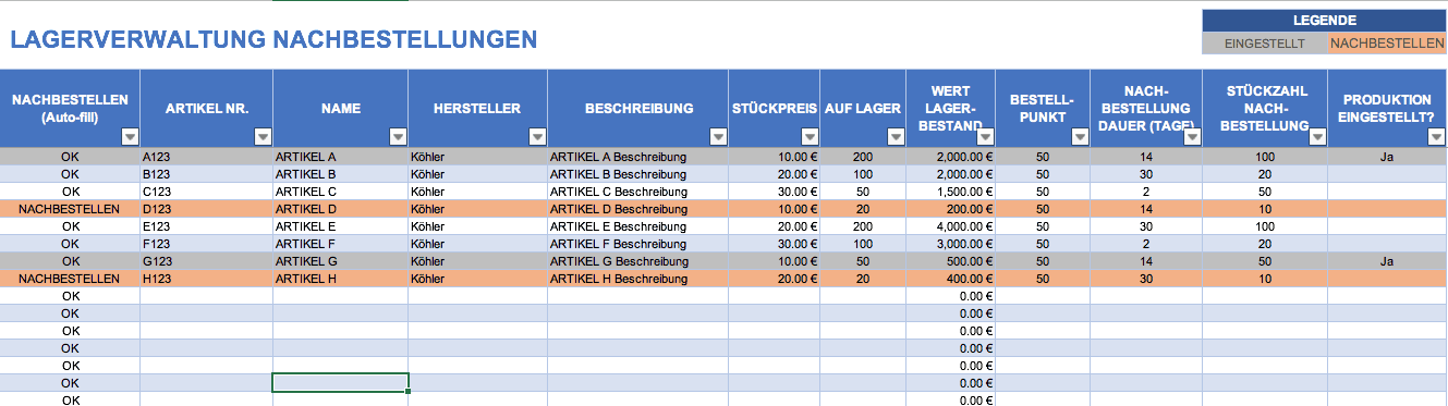 Artikelliste excel vorlage