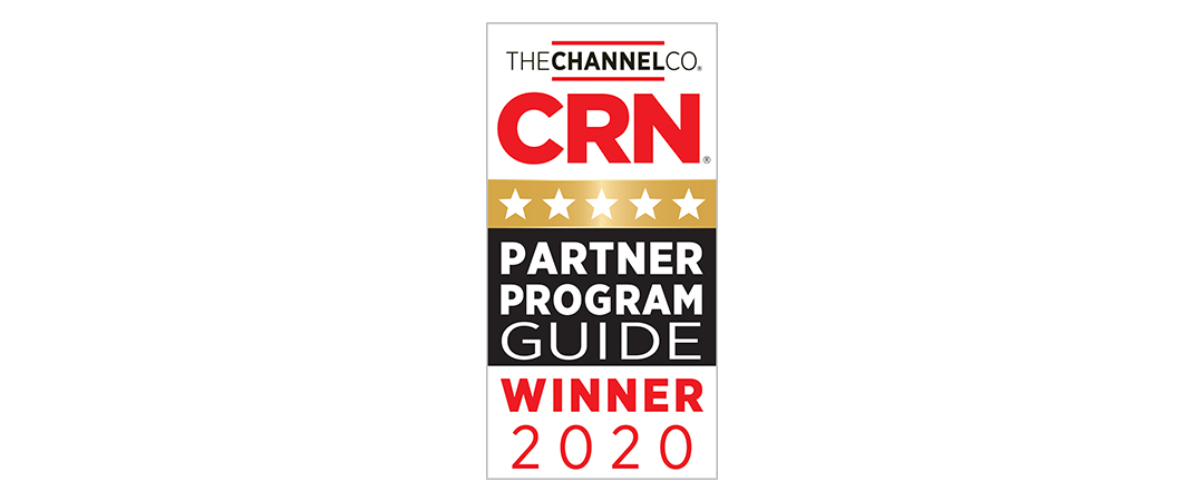 A badge of 5 stars and text reading CRN Partner Program Guide Winner 2020