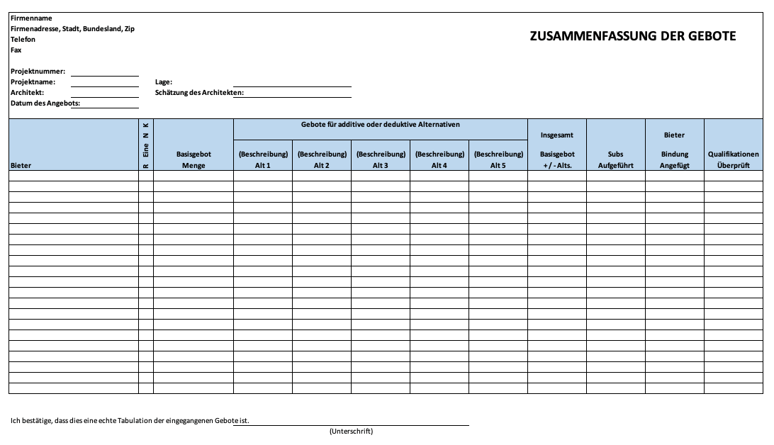 Abstract of Bids Template German