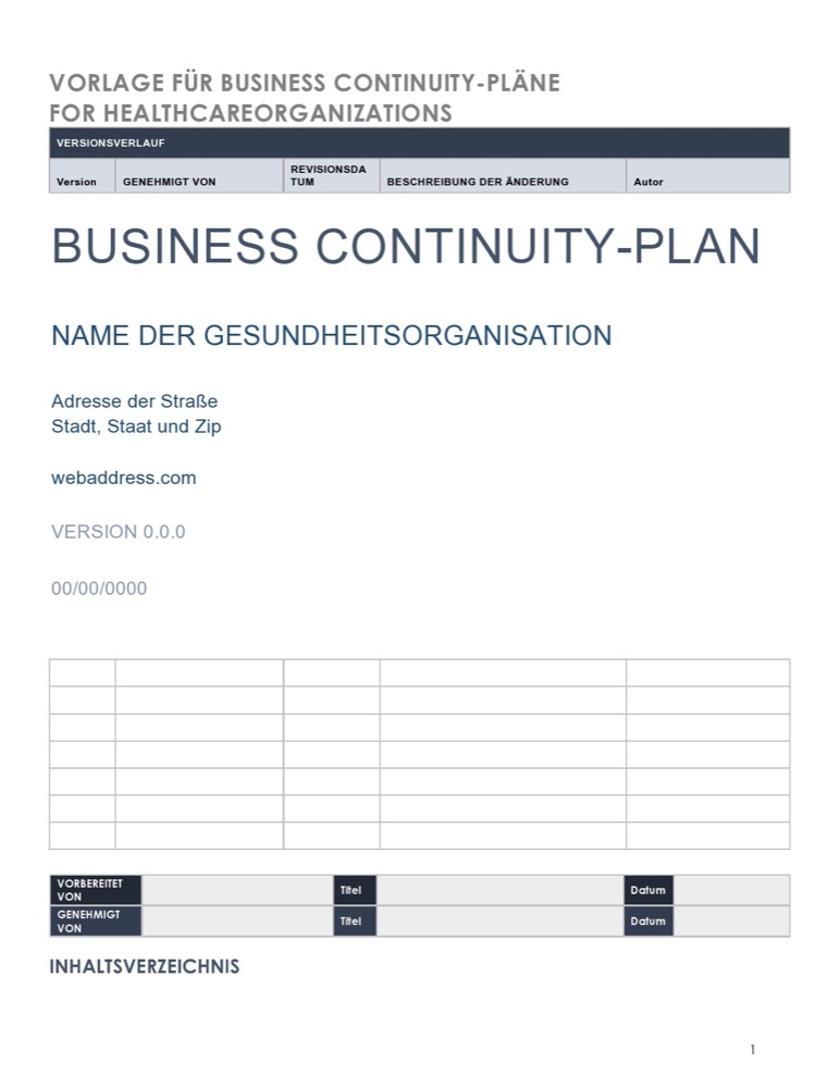 Business Continuity Plan Template for Healthcare Organizations Template German