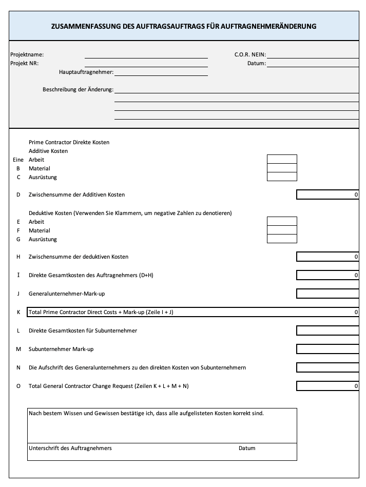 Change Order Request Summary Template German