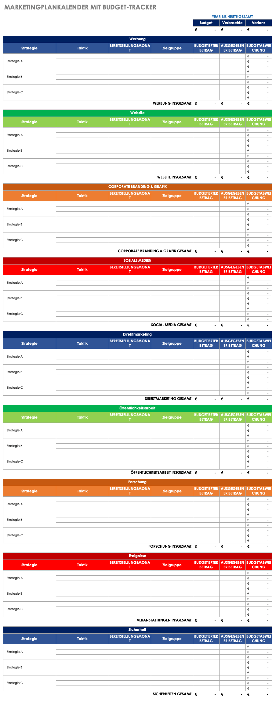 Marketing Plan Calendar with Budget Tracker German
