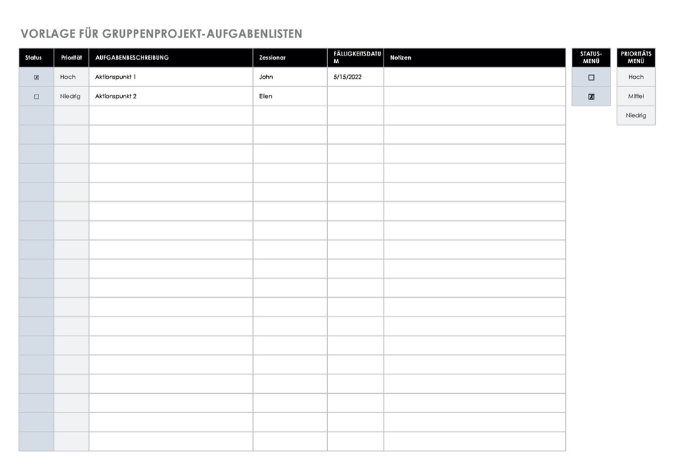 Vorlage für eine Liste mit Aktionselementen 