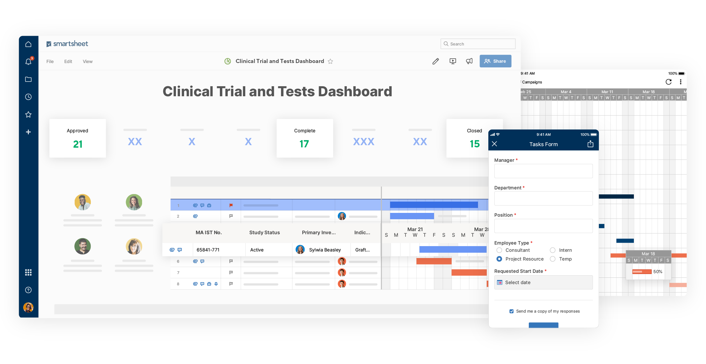Smartsheet Clinical Trials and Tests dashboard