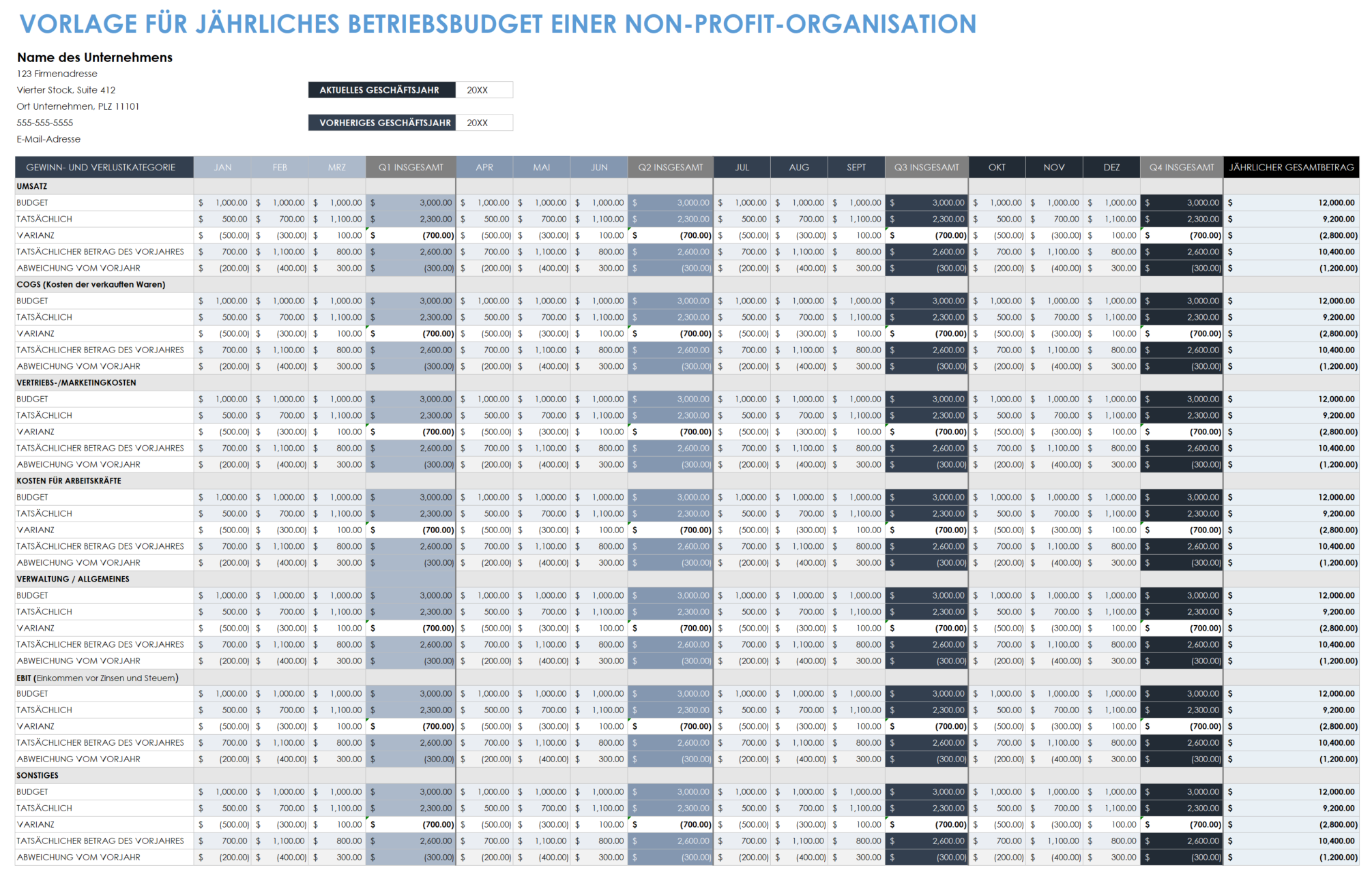  Vorlage für das jährliche Betriebsbudget einer gemeinnützigen Organisation