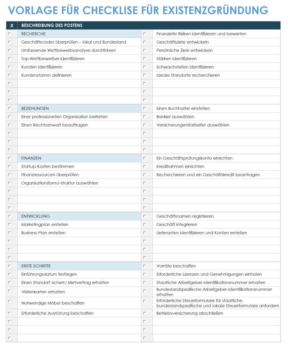 Vorlage für eine Checkliste für Unternehmensgründungen