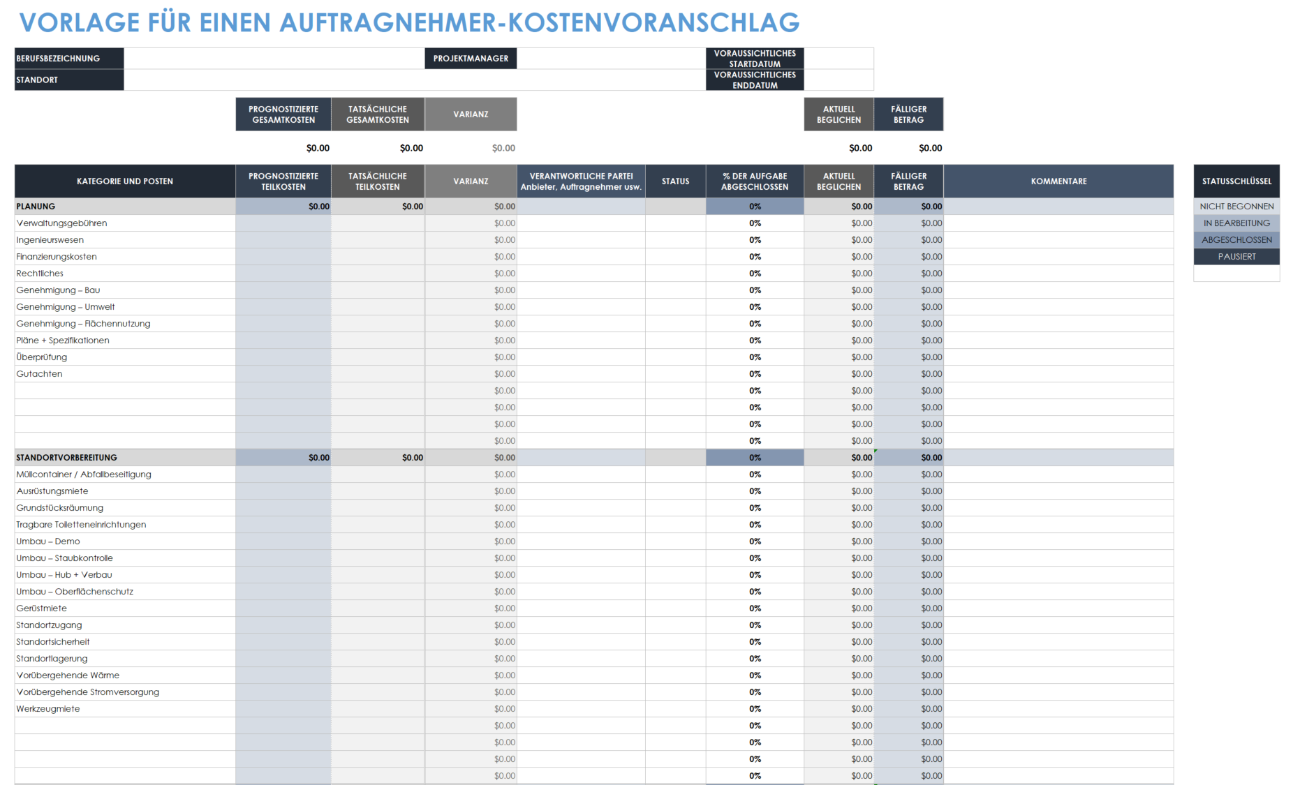 Vorlage für einen Kostenvoranschlag für Auftragnehmer