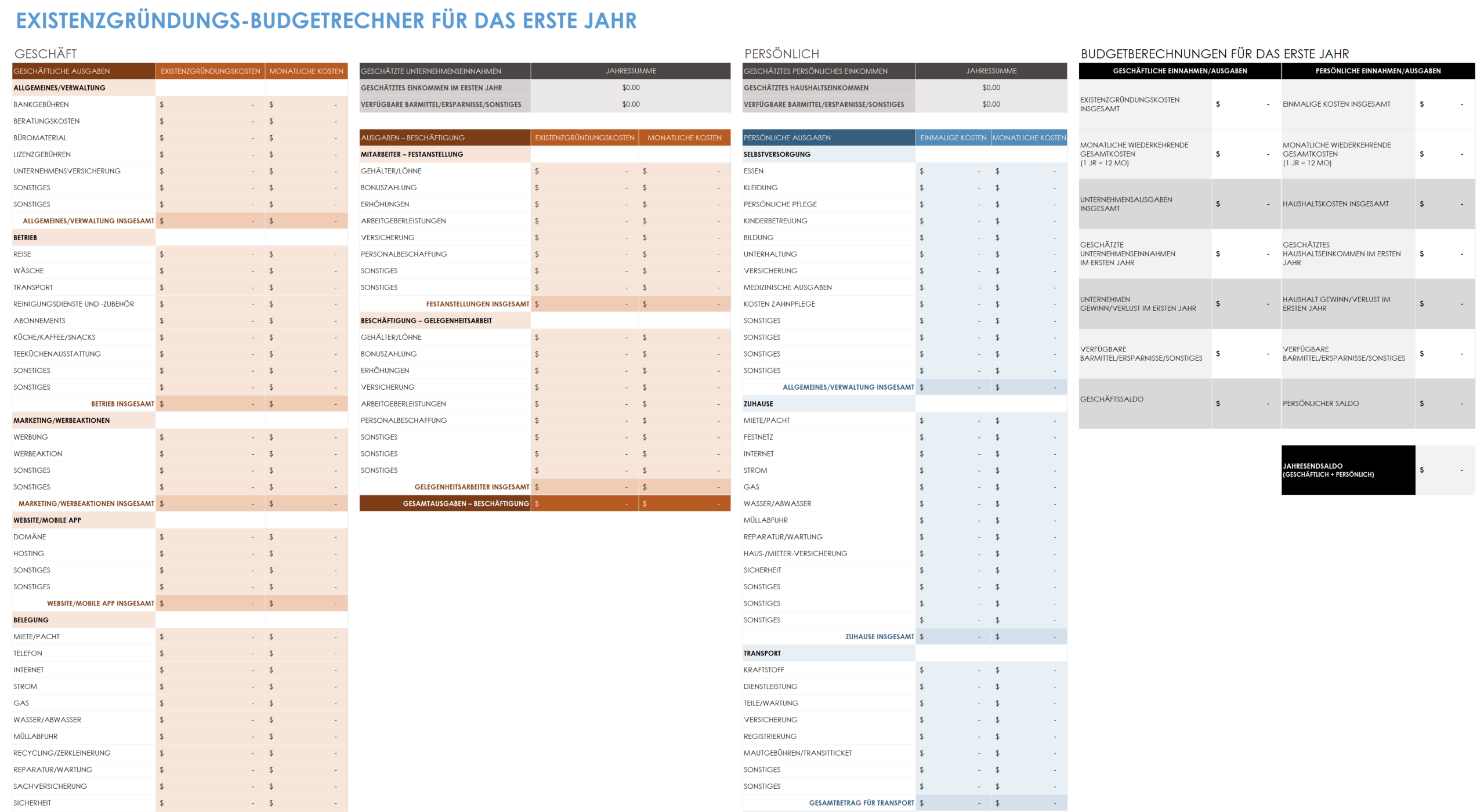 Vorlage für den Startup-Budgetrechner für das erste Jahr