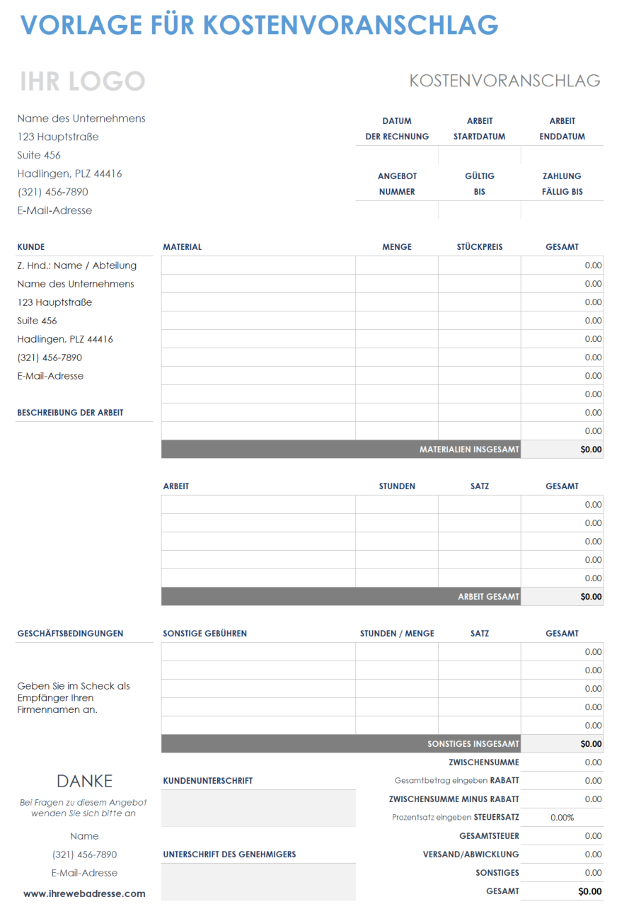 Vorlage für einen Kostenvoranschlag