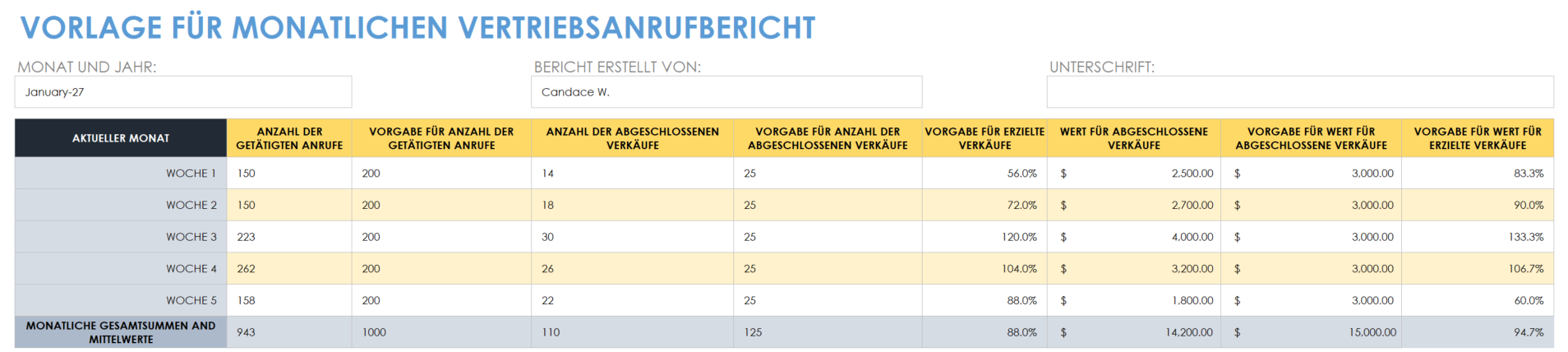  Vorlage für einen monatlichen Verkaufsanrufbericht