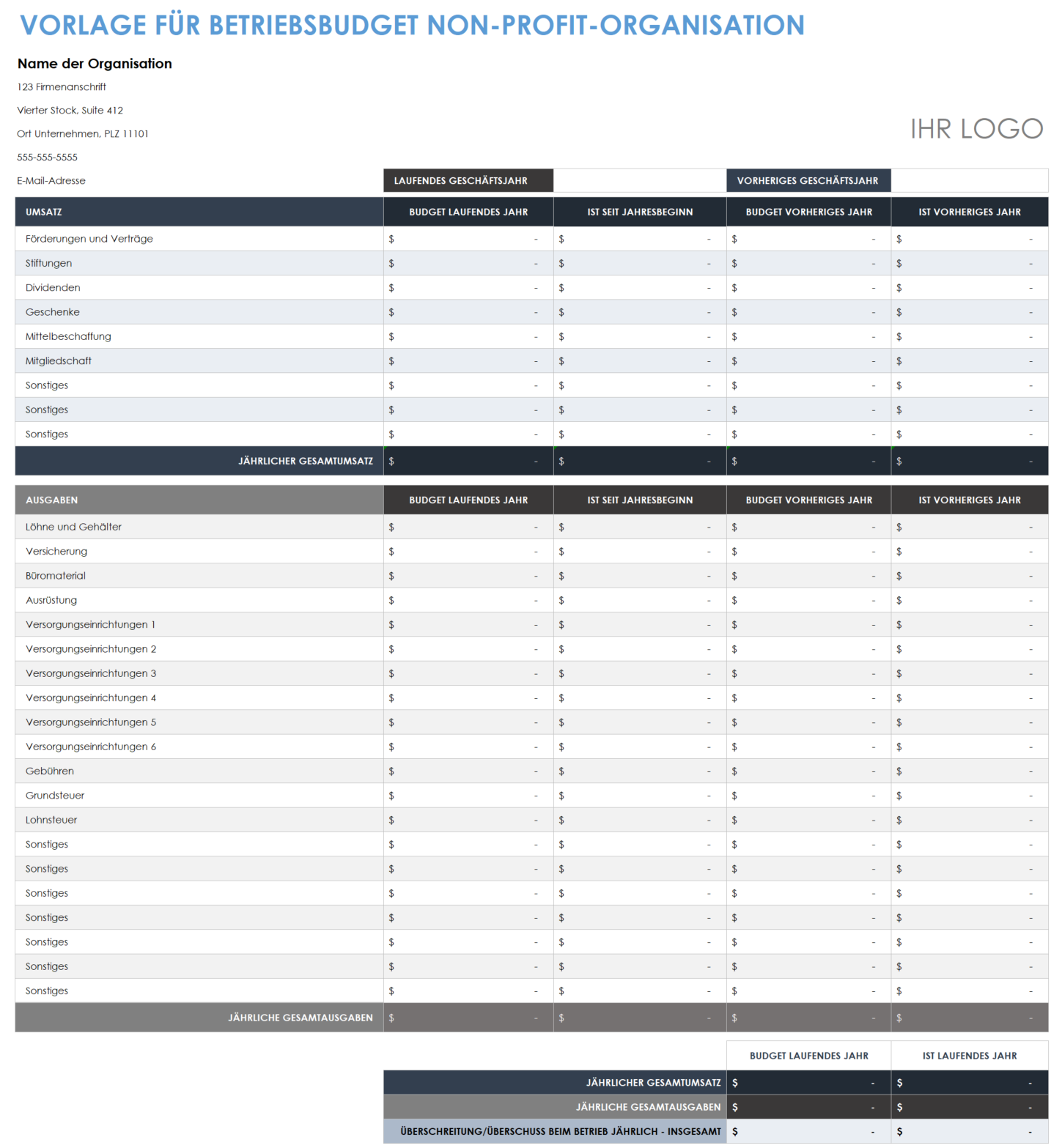 Vorlage für den Betriebshaushalt gemeinnütziger Organisationen