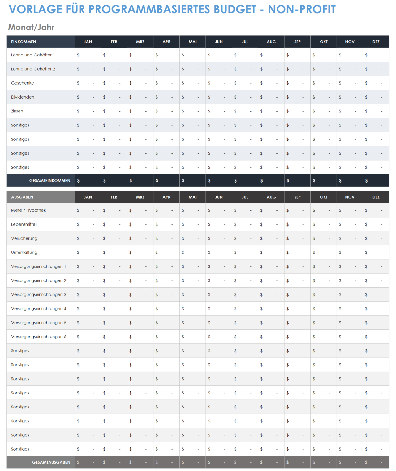 Vorlage für ein programmbasiertes Budget für gemeinnützige Organisationen