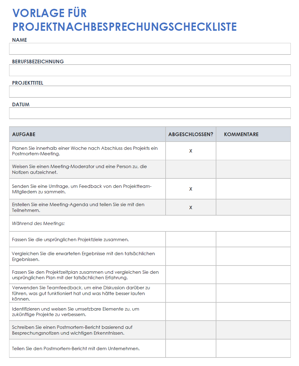 Checkliste für die Projektbesprechung