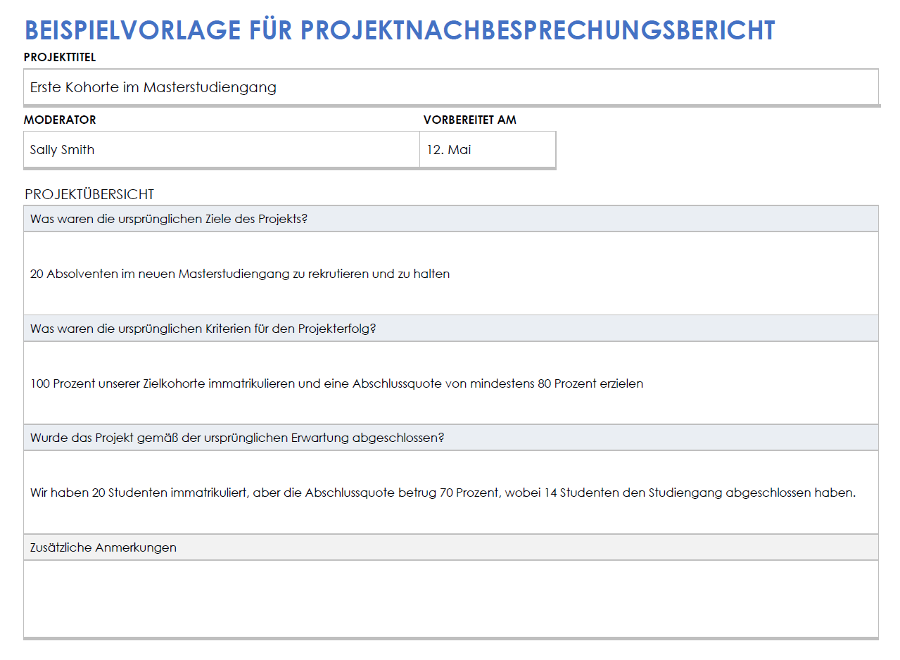 Beispiel für einen Bericht zur Projektnachbesprechung