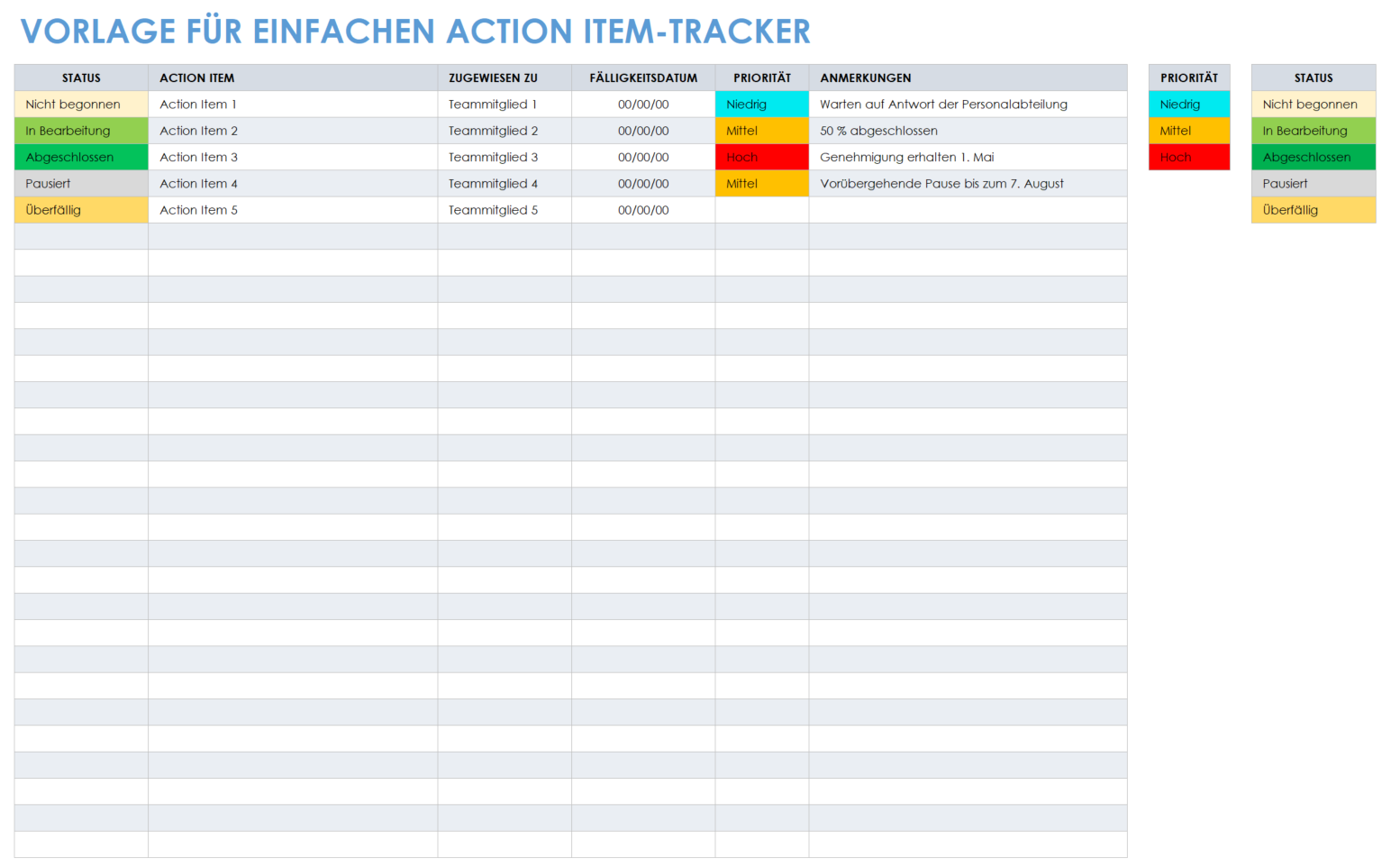 Einfache Vorlage für den Aktionselement-Tracker