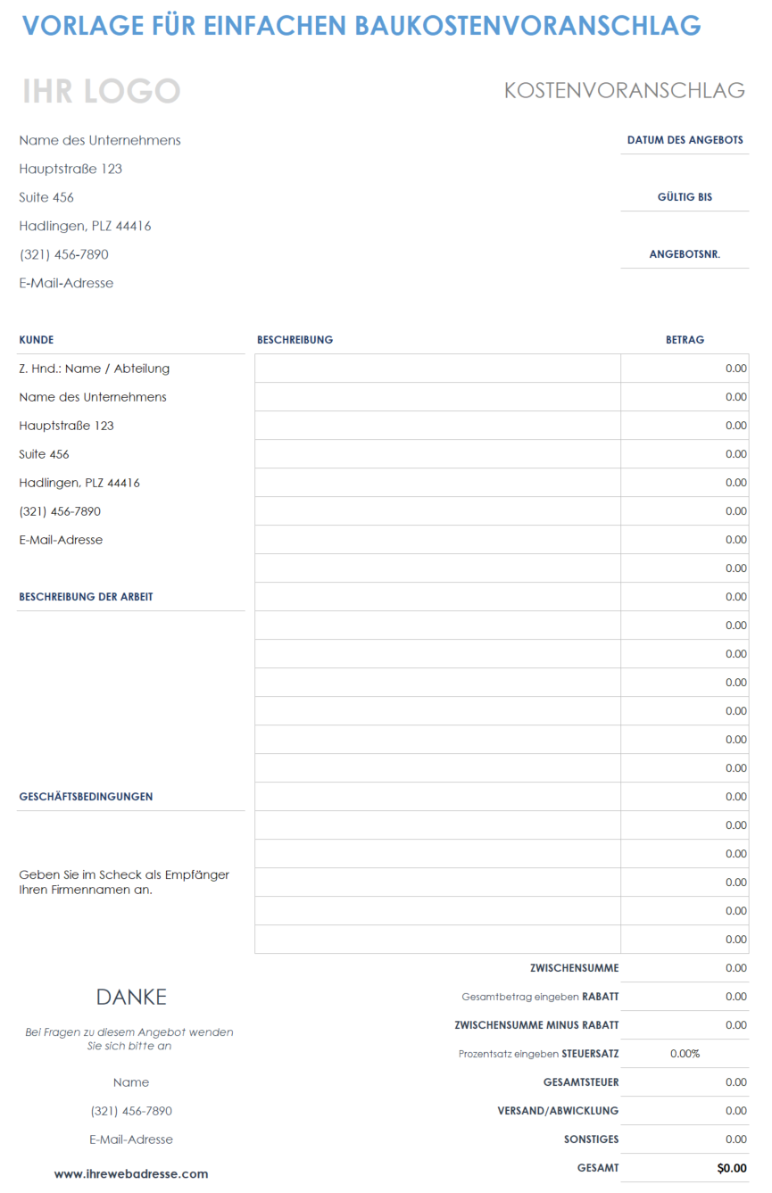  Vorlage für einen Kostenvoranschlag für einfache Konstruktionen