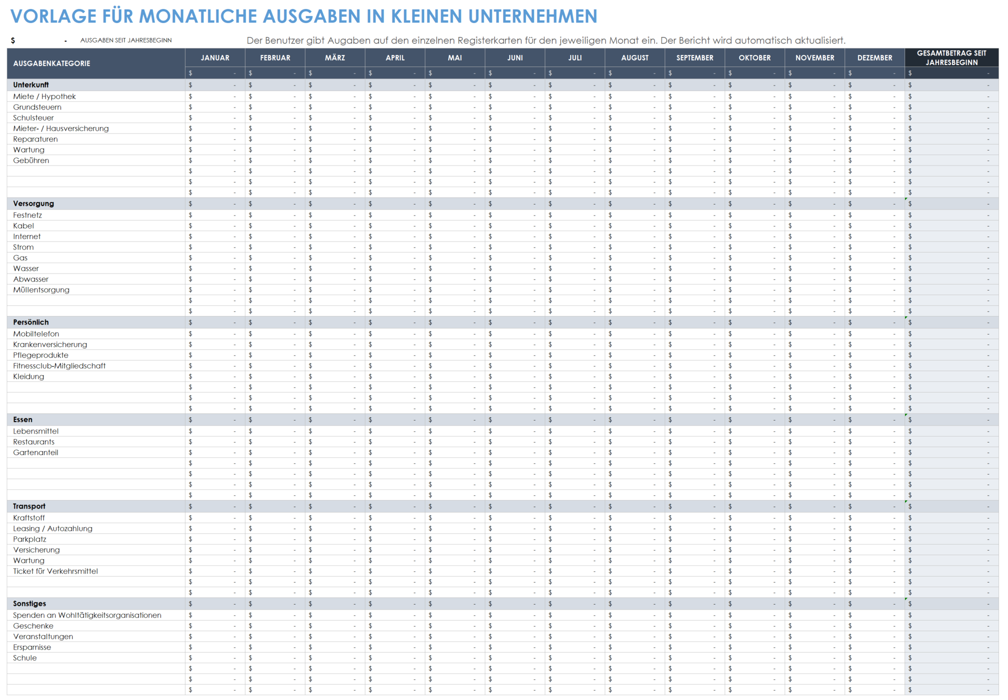  Vorlage für monatliche Ausgaben für Kleinunternehmen