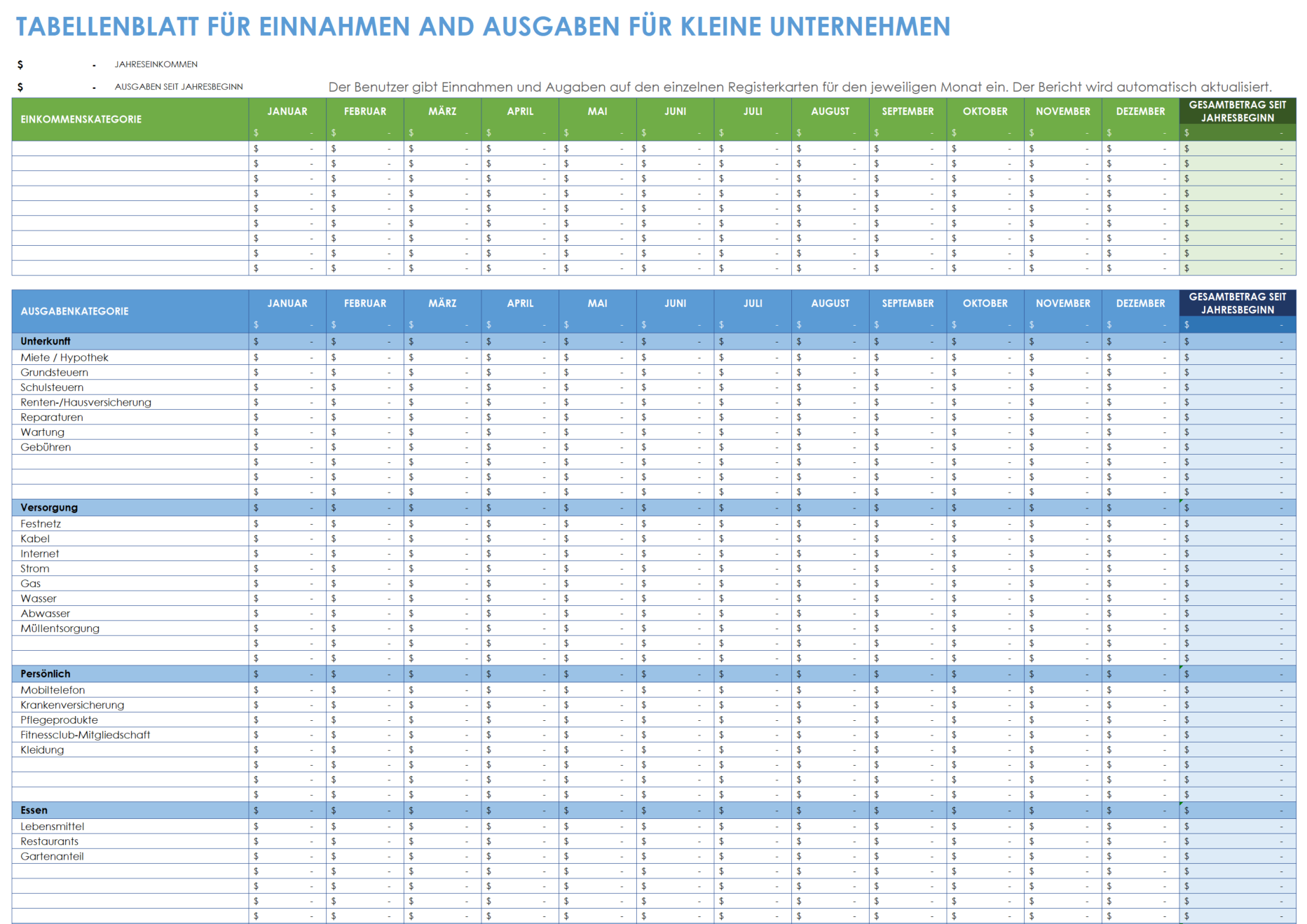  Vorlage für eine Tabelle mit Einnahmen und Ausgaben für Kleinunternehmen