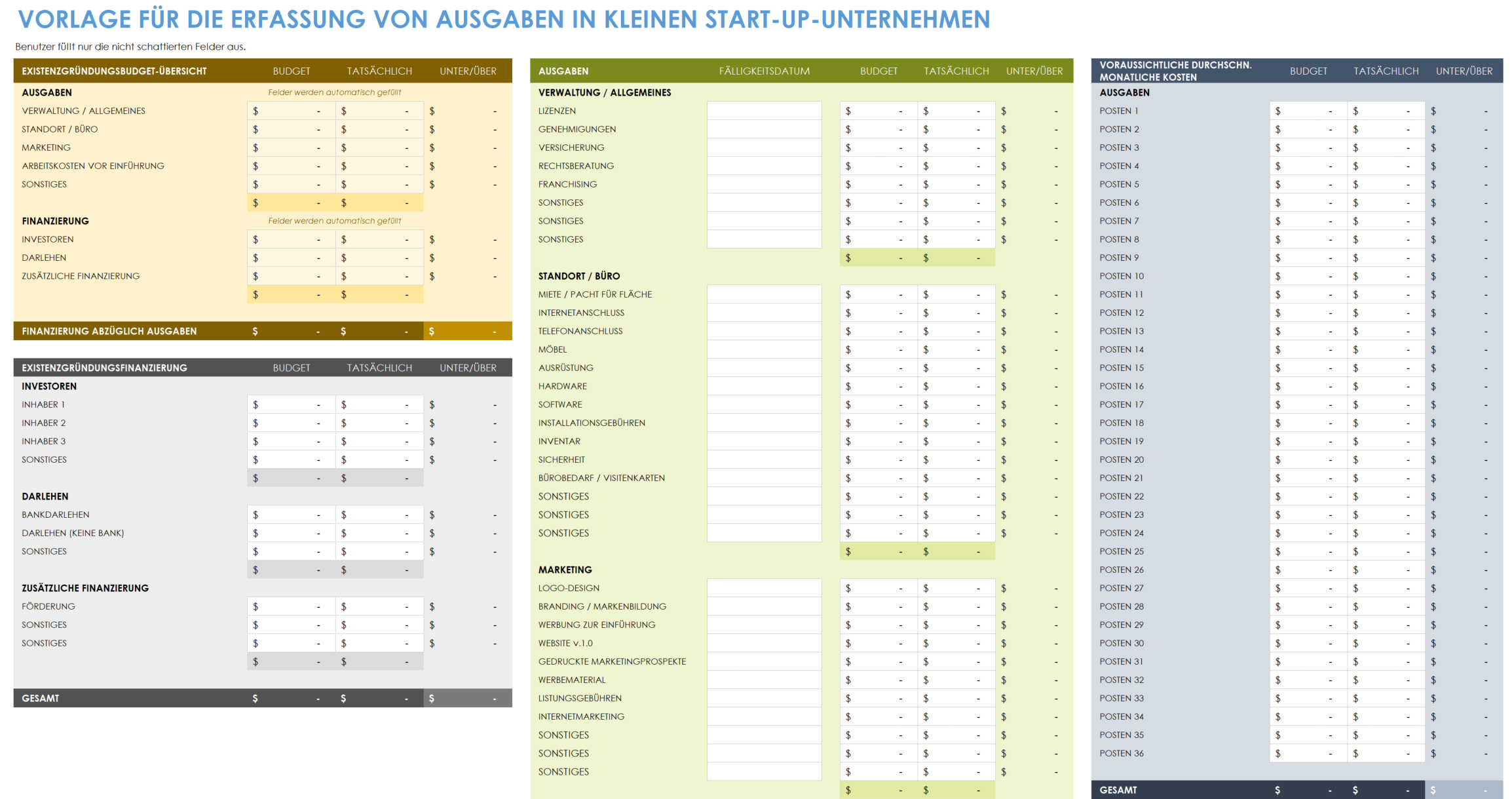 Vorlage für Startkosten für Kleinunternehmen