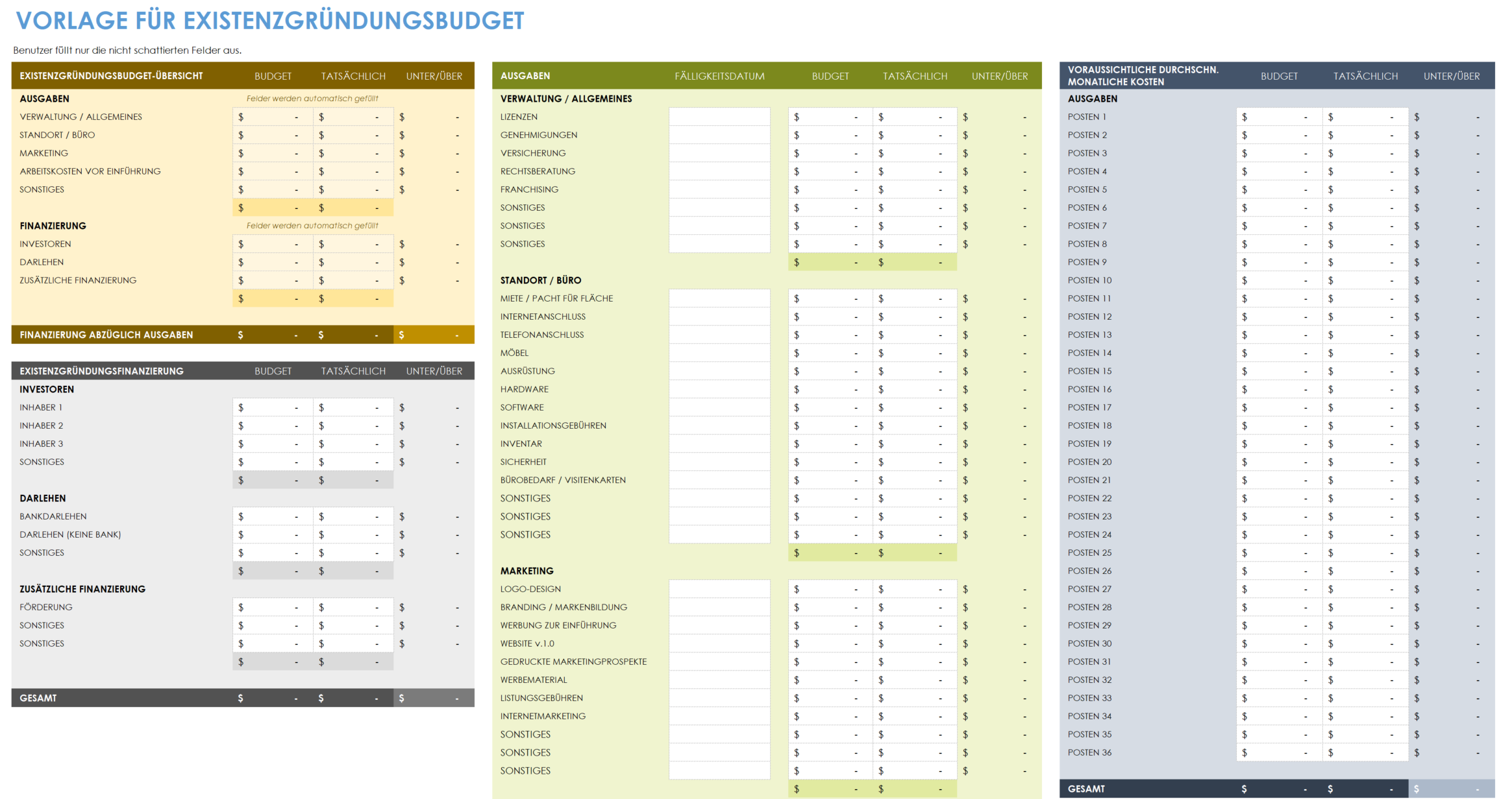  Budgetvorlage für Startup-Unternehmen