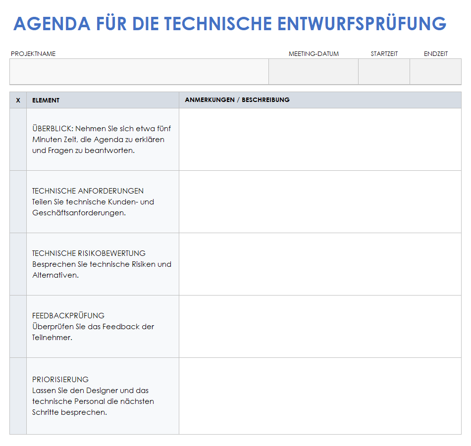 Agenda zur Überprüfung des technischen Designs