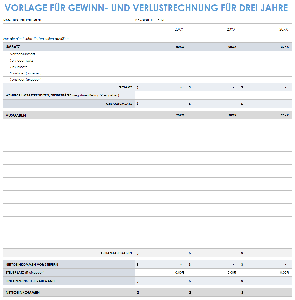  Vorlage für eine 3-Jahres-Gewinn- und Verlustrechnung