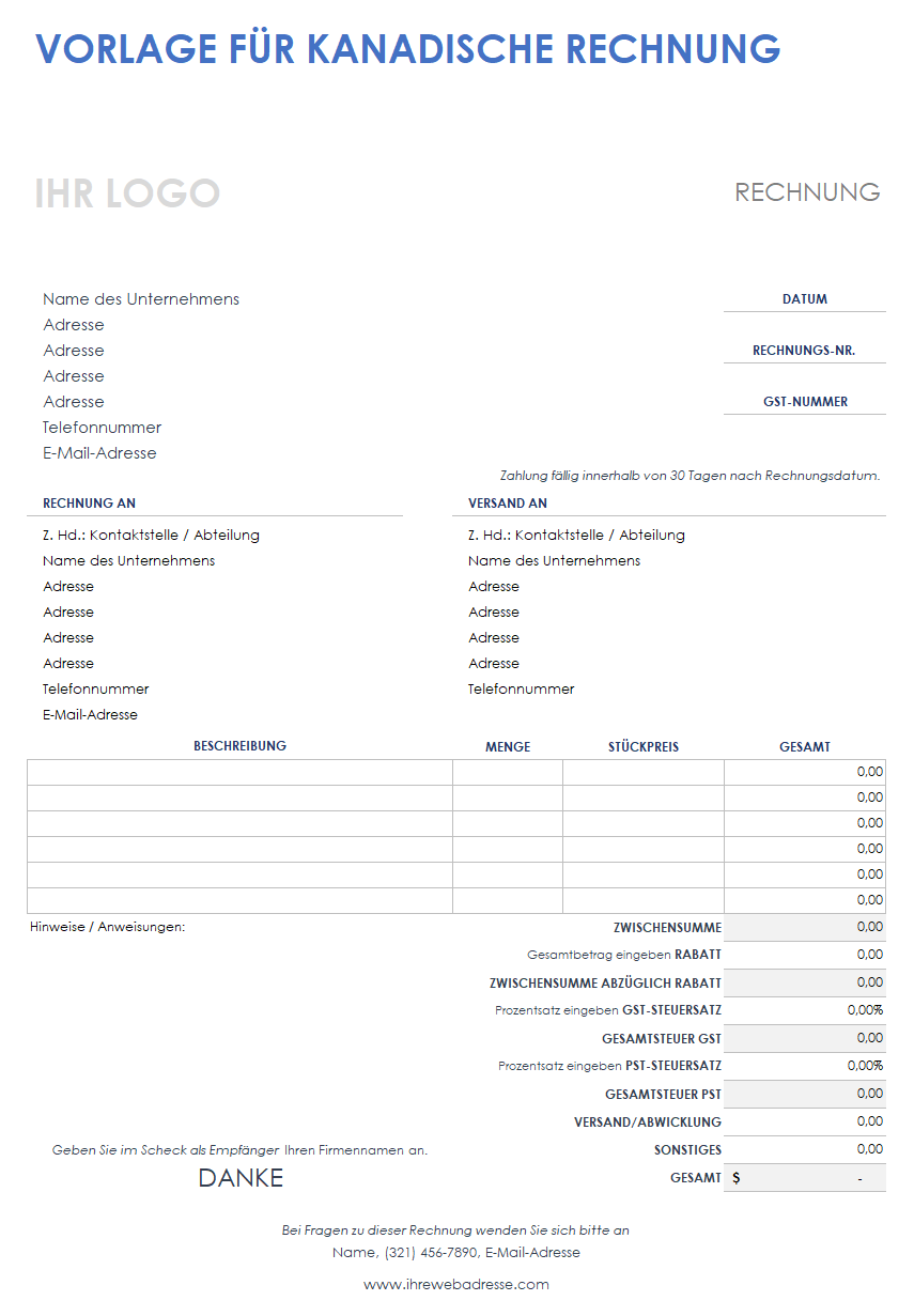  Kanadische Rechnungsvorlage