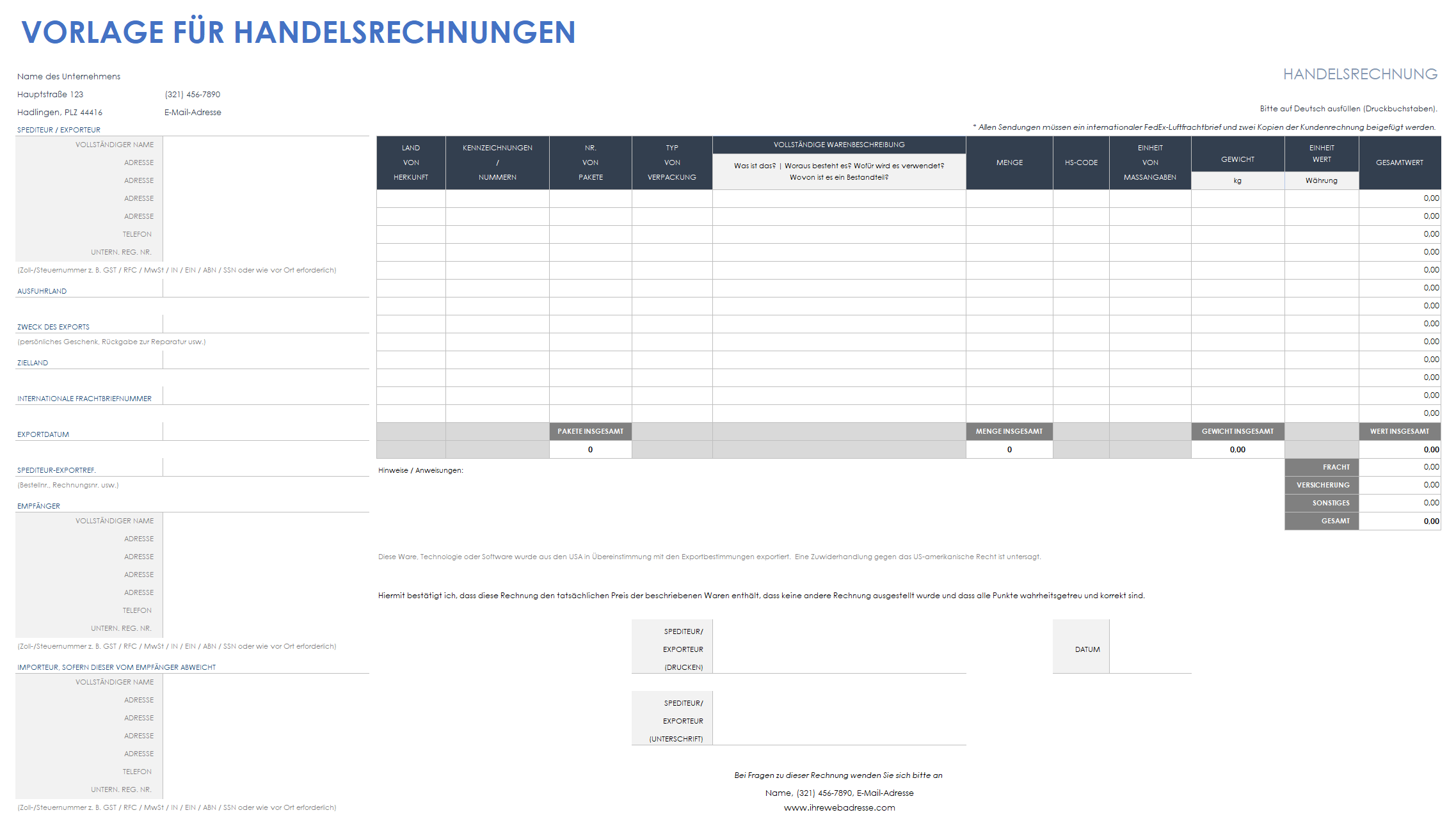 Vorlage für Handelsrechnungen