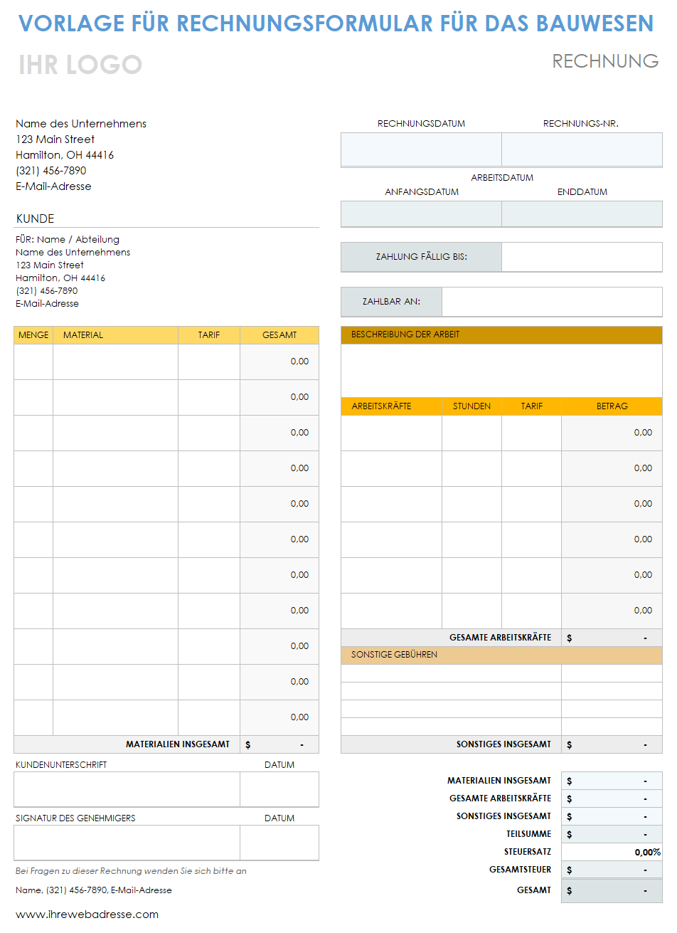 Vorlage für ein Baurechnungsformular