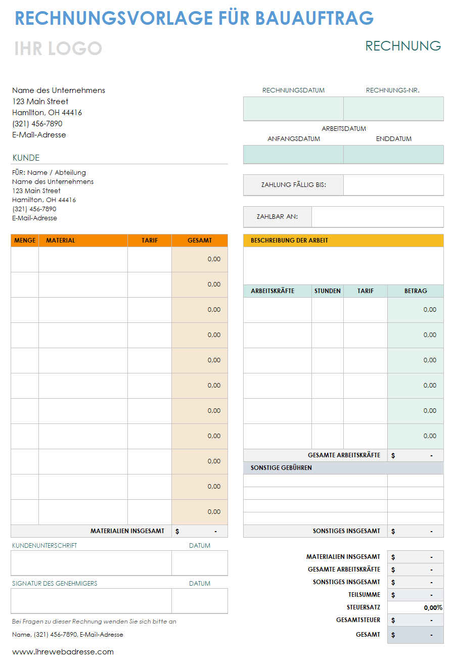 Vorlage für eine Bauauftragsrechnung
