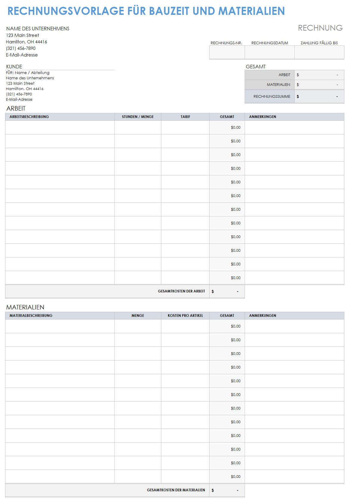  Bauzeit- und Materialrechnungsvorlage