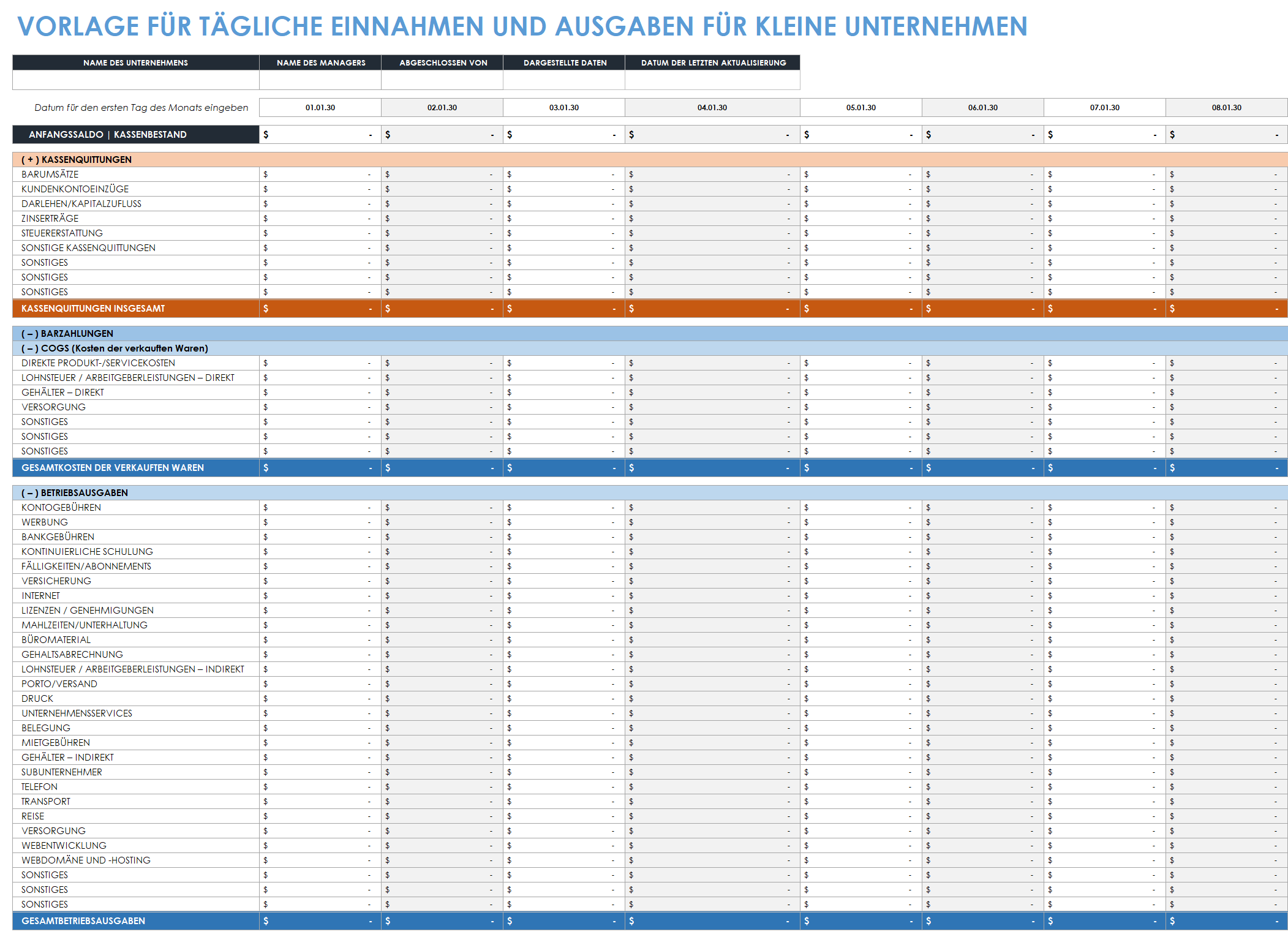 Vorlage für tägliche Einnahmen und Ausgaben für Kleinunternehmen