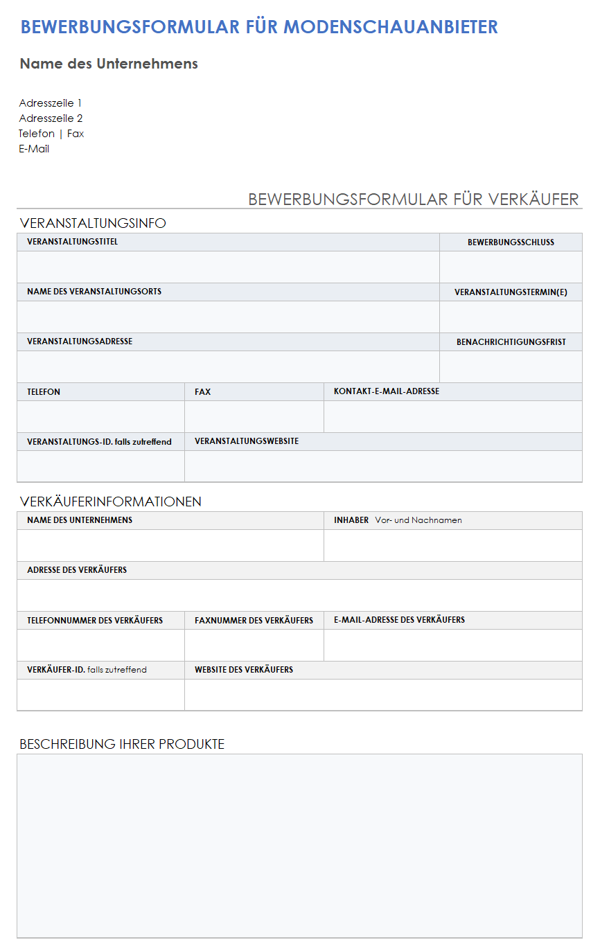  Vorlage für ein Bewerbungsformular für Modenschau-Anbieter