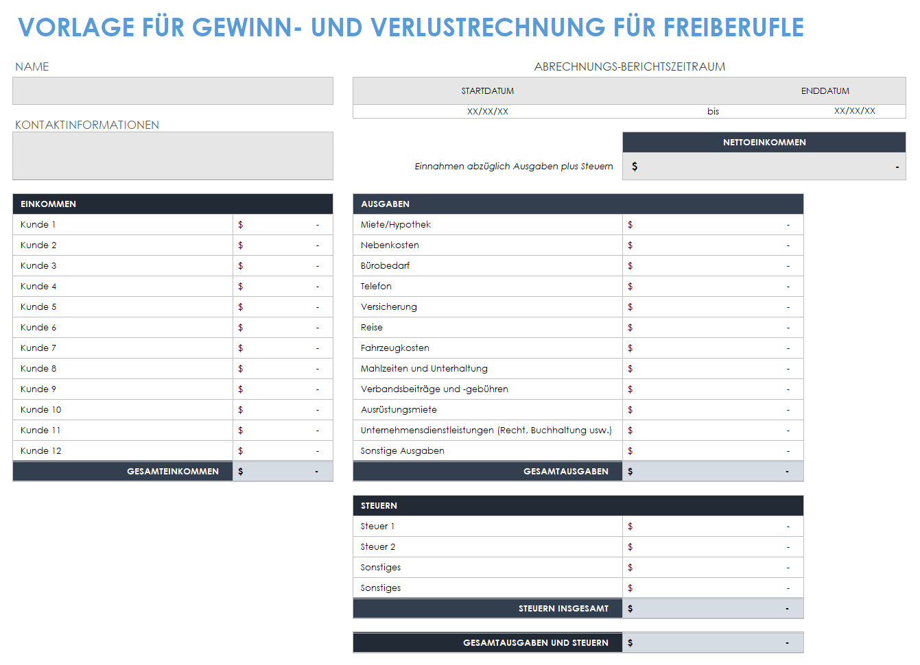  Vorlage für die Gewinn- und Verlustrechnung von Freiberuflern