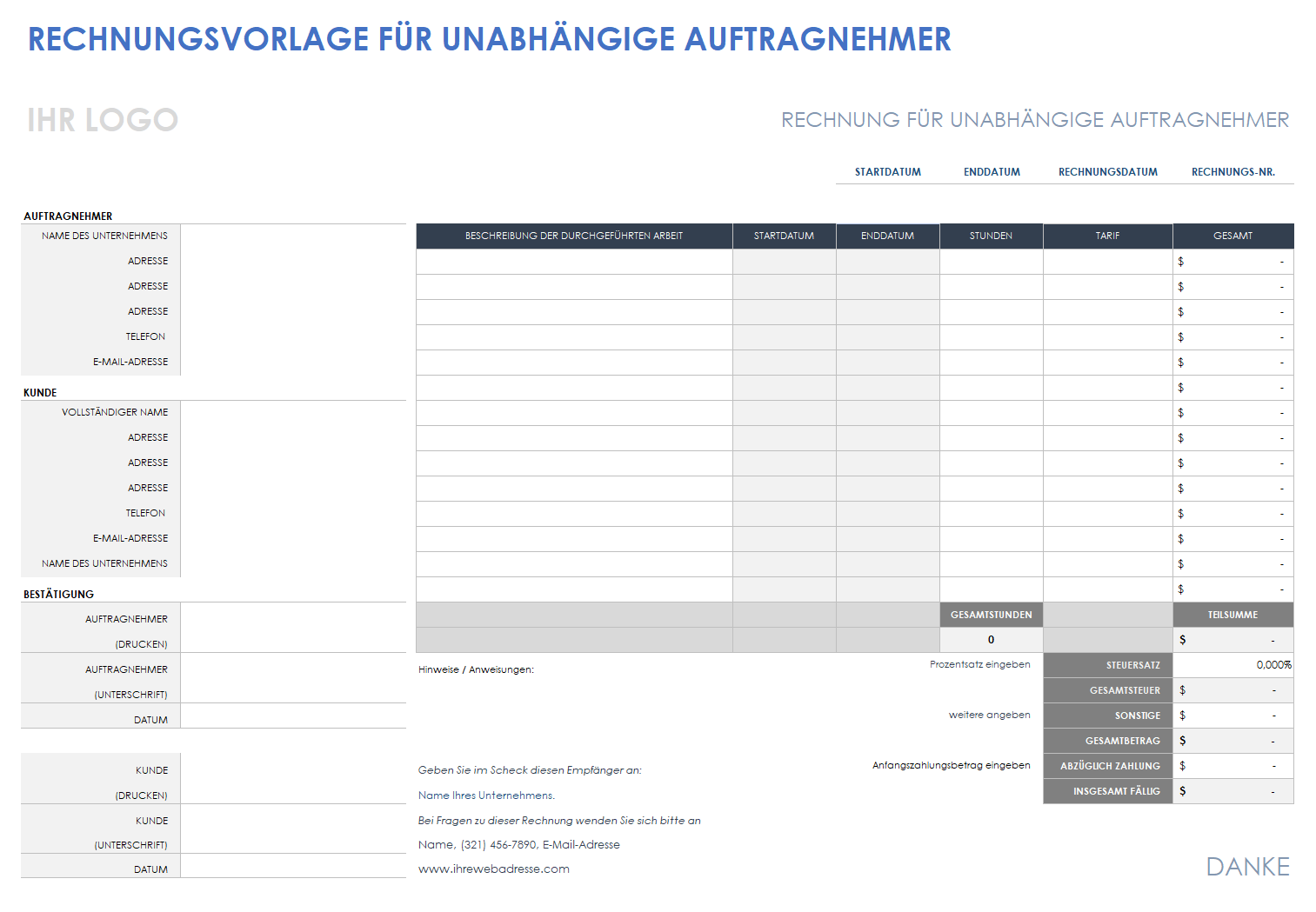  Rechnungsvorlage für unabhängige Auftragnehmer