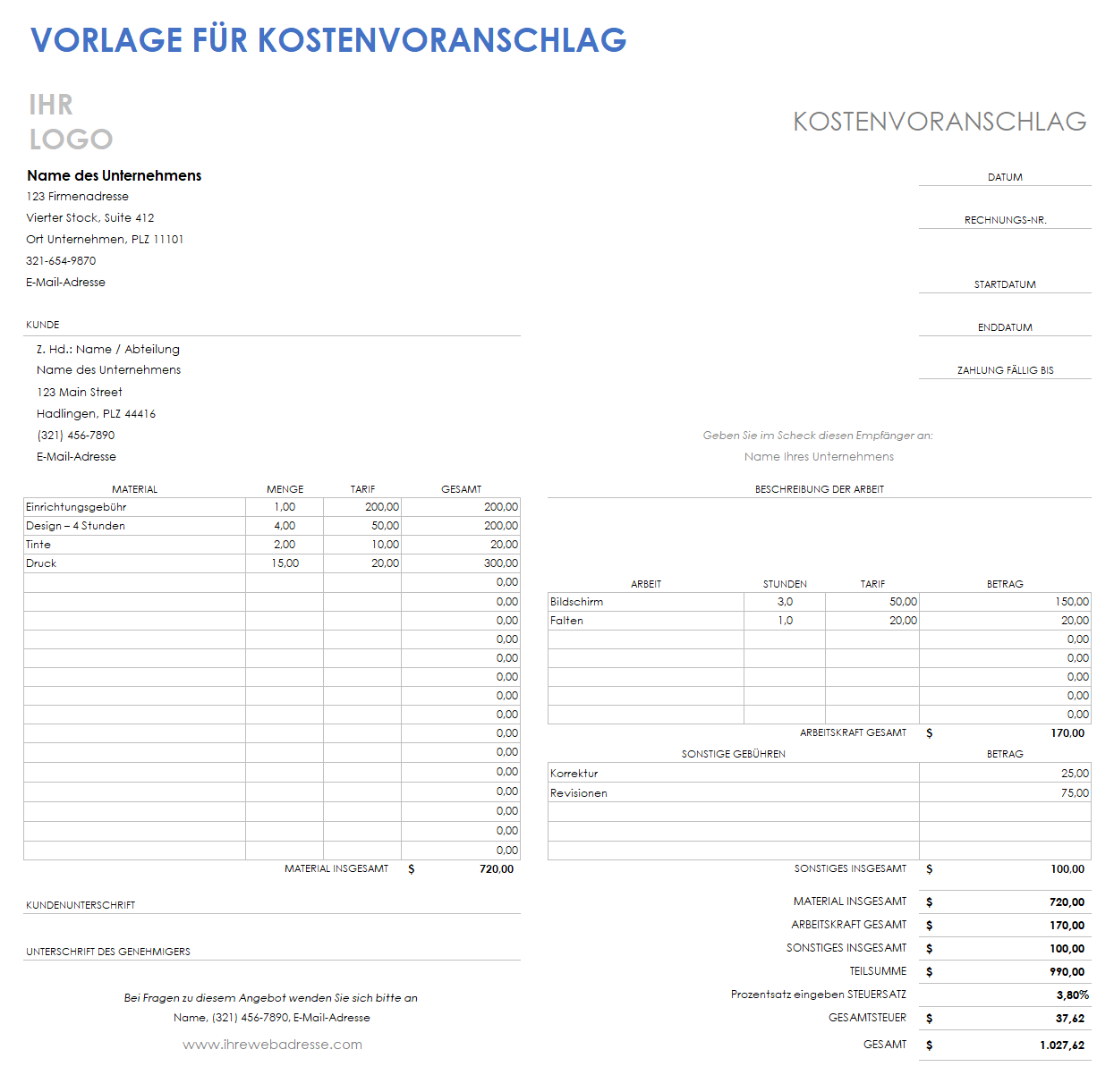  Vorlage für einen Kostenvoranschlag