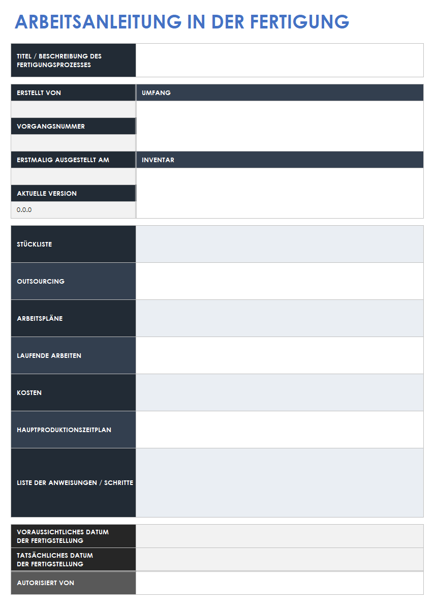  Vorlage für Arbeitsanweisungen für die Fertigung
