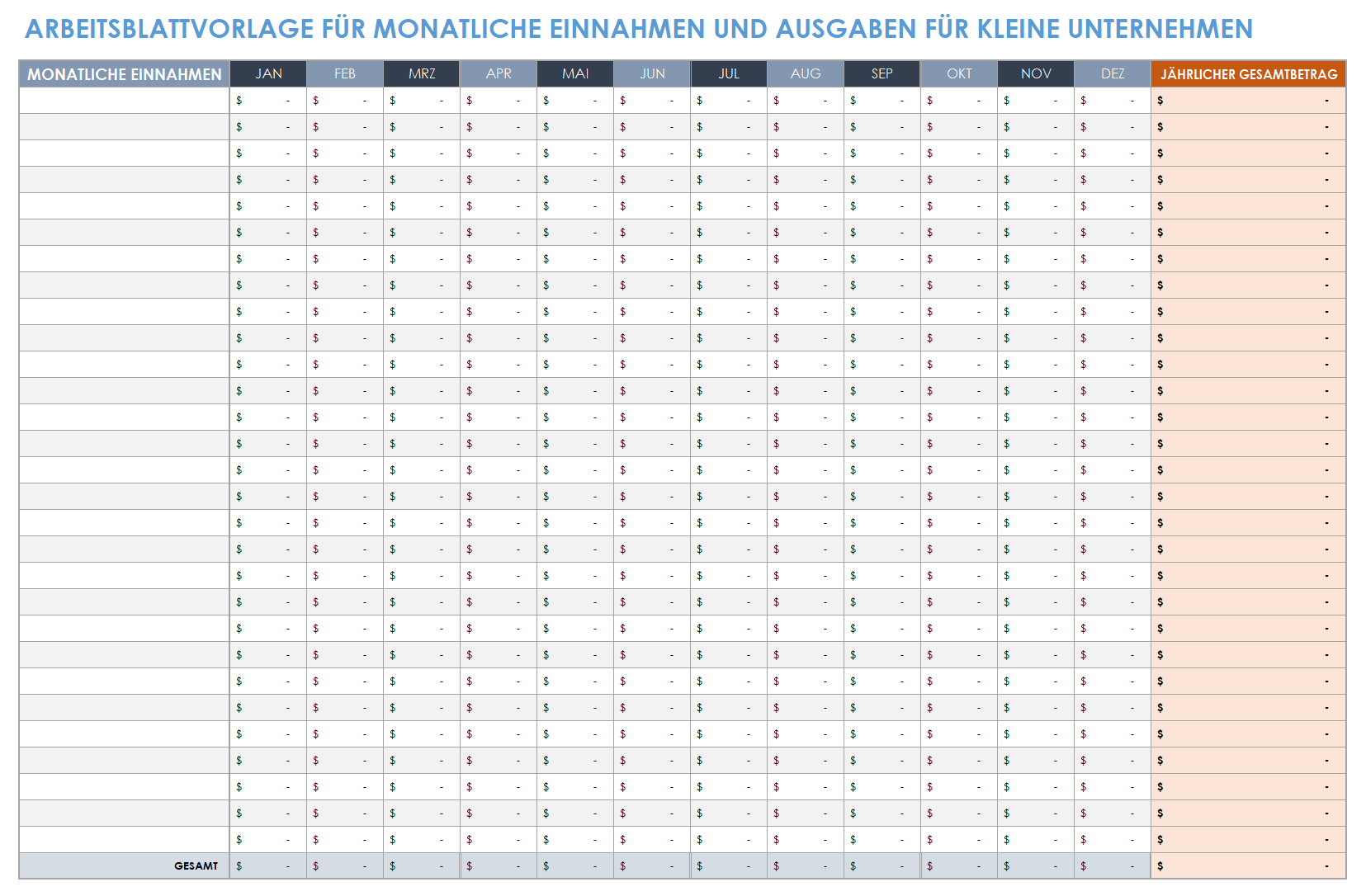  Vorlage für ein monatliches Arbeitsblatt zu Einnahmen und Ausgaben von Kleinunternehmen