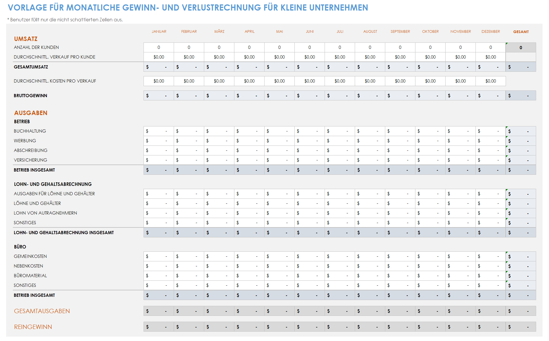 Vorlage für die monatliche Gewinn- und Verlustrechnung für Kleinunternehmen