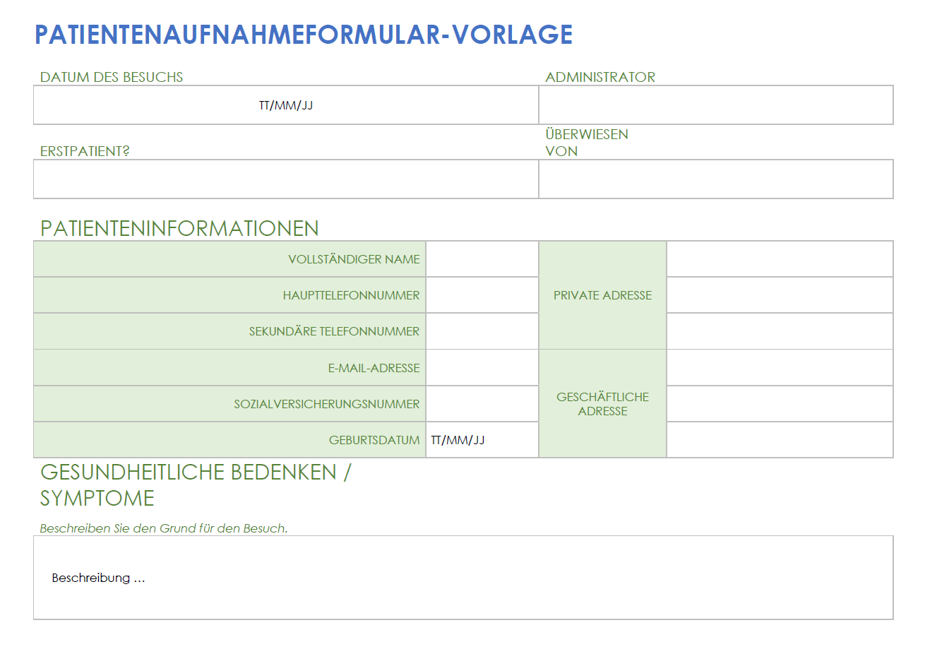 Vorlage für ein Patientenaufnahmeformular