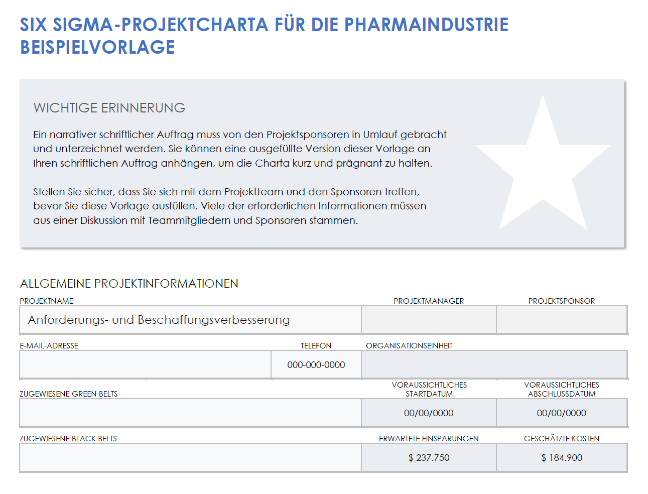 Beispielvorlage für die Pharma-Six-Sigma-Projektcharta