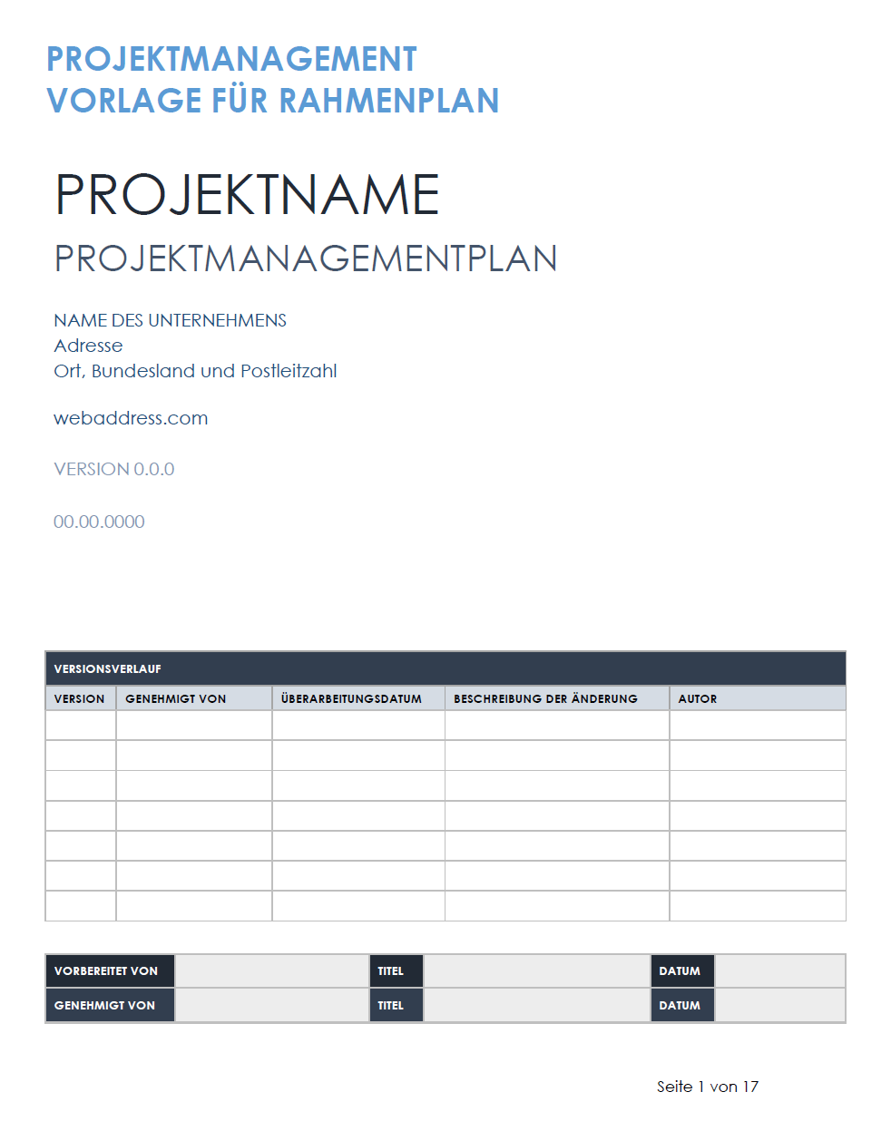  Projektmanagementplan-Übersichtsvorlage