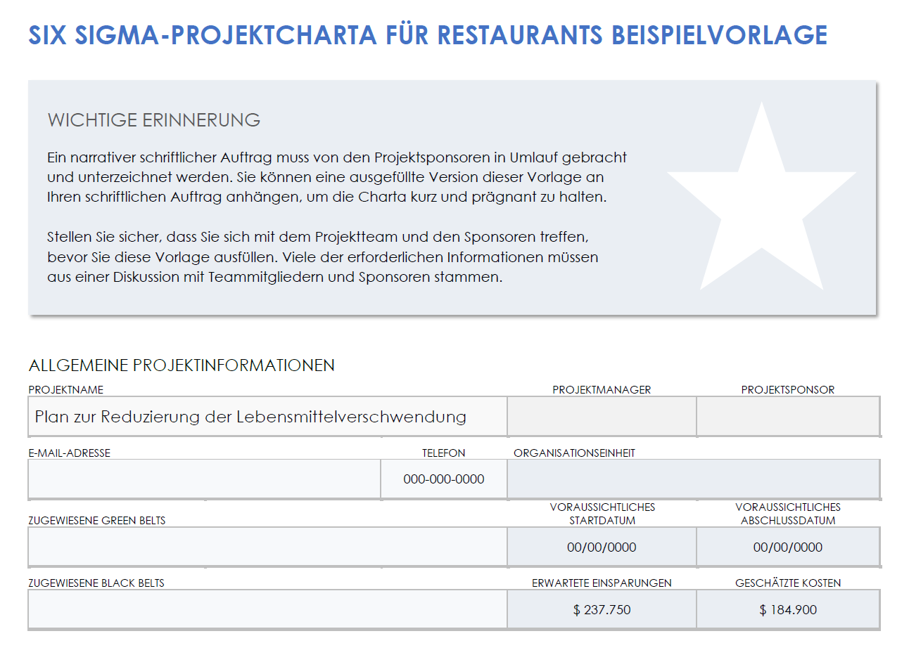  Beispielvorlage für eine Restaurant-Six-Sigma-Projektcharta