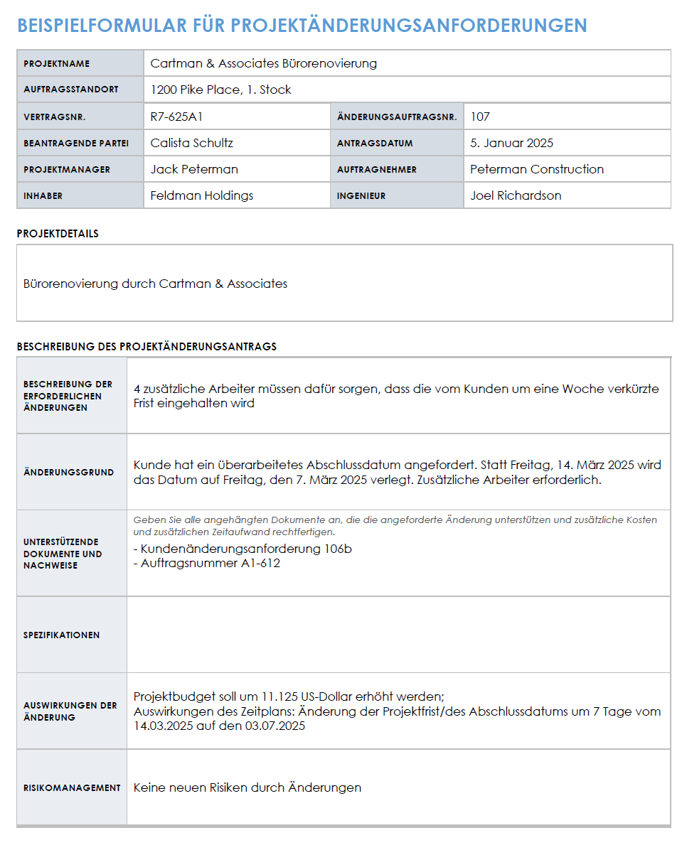  Beispielvorlage für ein Formular zur Änderung einer Bestellung für ein Projekt