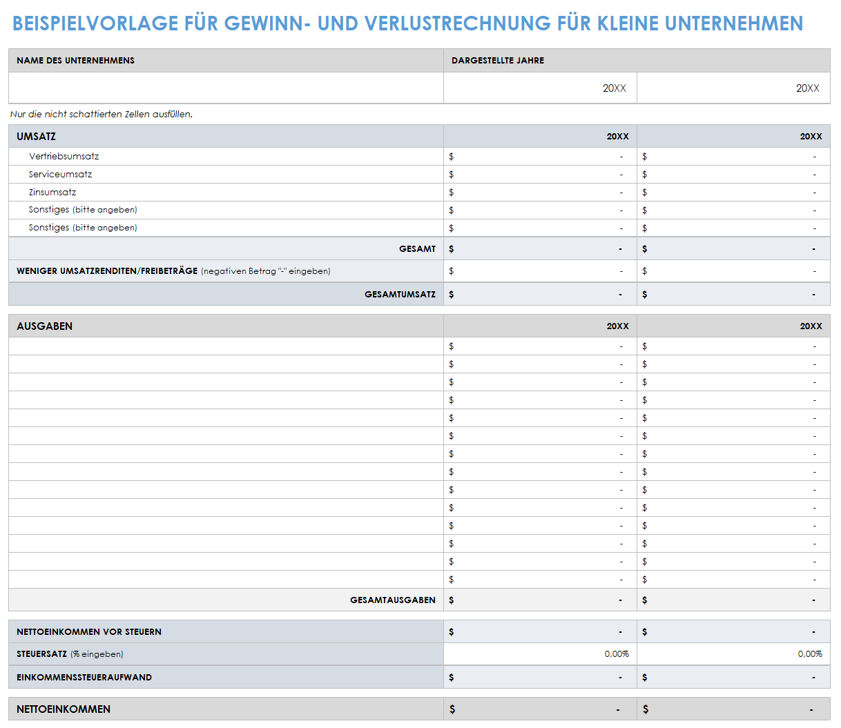  Beispielvorlage für eine Gewinn- und Verlustrechnung für Kleinunternehmen