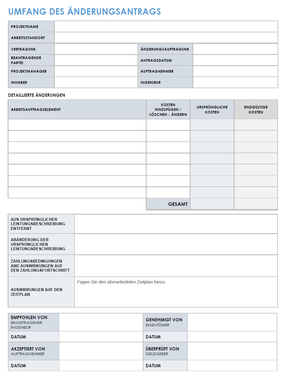  Vorlage für den Arbeitsumfang und den Änderungsauftrag