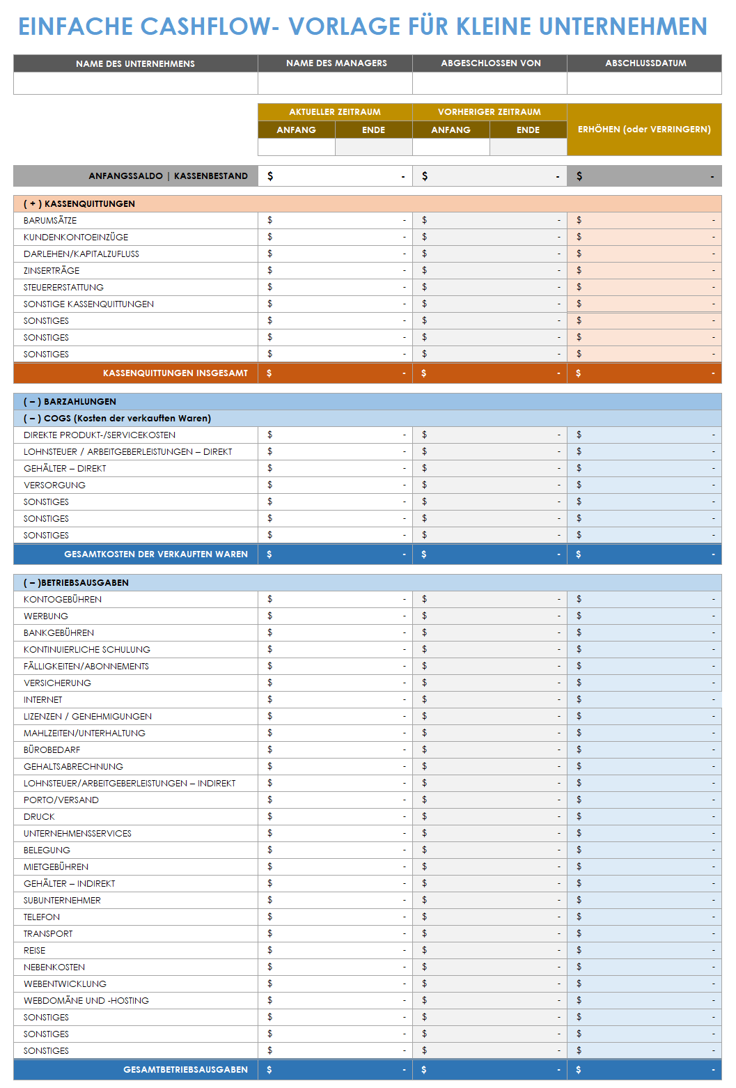  Einfache Cashflow-Vorlage für kleine Unternehmen