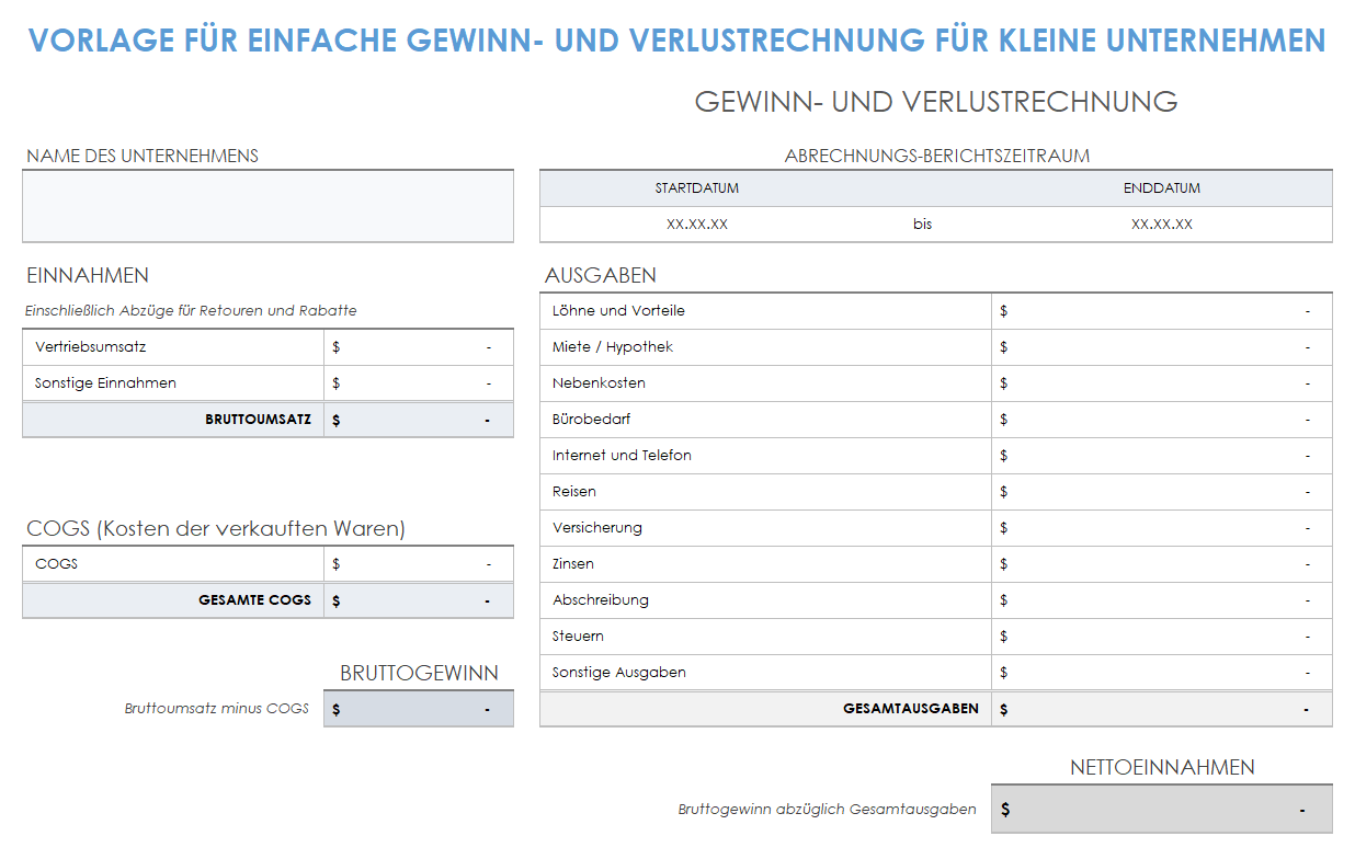 Einfache Vorlage für die Gewinn- und Verlustrechnung für Kleinunternehmen